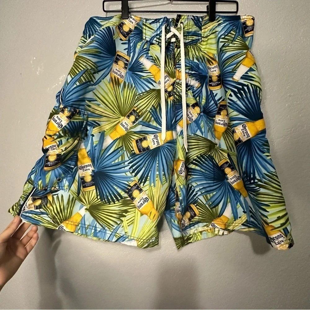 Corona Beer Blue Swim Trunks‎ Tropical Summer Shorts Beach Palm Trees 38